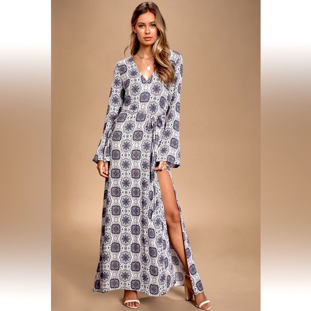 Lulu's White and Navy Patterned Maxi Wrap Dress